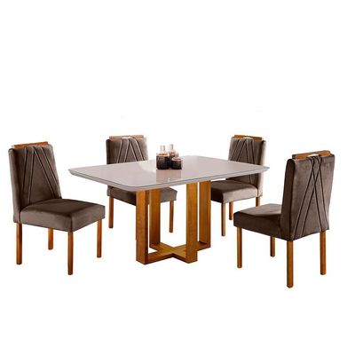 Conjunto Sala De Jantar Lisboa 4 Lugares Mesa E Cadeiras Moveis Mix Mel Com Off-white Marrom Burguês