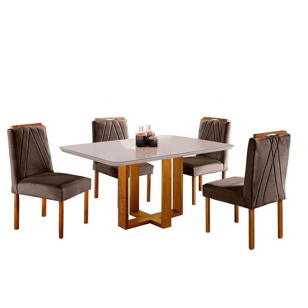 Conjunto Sala De Jantar Lisboa 4 Lugares Mesa E Cadeiras Moveis Mix Mel Com Off-white Marrom Burguês