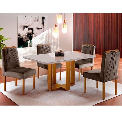 Conjunto Sala De Jantar Lisboa 4 Lugares Mesa E Cadeiras Moveis Mix Mel Com Off-white Marrom Burguês