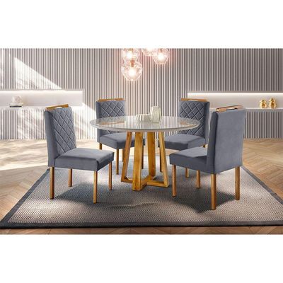 Conjunto Cristal Mesa 1,2m 4 Cadeiras Maciça Móveis Mundial Mel/off-white/cinza Profundo