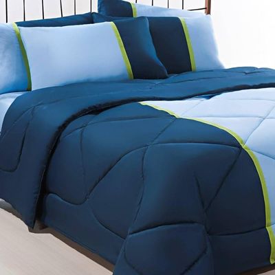 Enxoval Edredom + Jogo De Cama King Aconchego Premium 06 Peças - Azul- Marinho