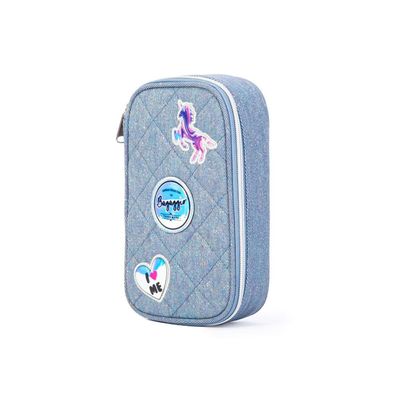 Estojo Escolar Feminino Matelasse Jeans Patches Azul U / Azul