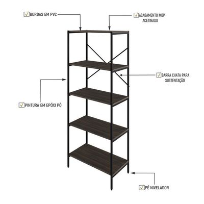 Estante C/05 Prateleiras 152x60x33cm Tub Tueh1565 Nogal - Est.preta Nogal / Est.preta