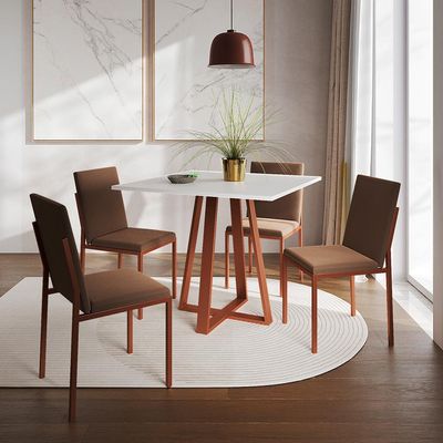 Conjunto de Mesa de Jantar com Tampo Branco e 4 Cadeiras Mônaco Veludo Marrom e Cobre