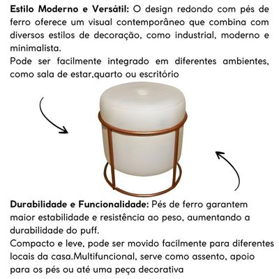 Puff Redondo Decorativo Para Sala Argola Grécia Bege Base Pés Bronze