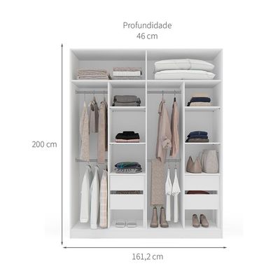 Guarda-Roupa Casal com Espelho Porto 4 Portas 4 Gavetas Branco e Creme