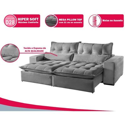 Sofá 3 Lugares Máximo Retrátil E Reclinável 2,30 Metros Suede Cinza Claro Cinza Claro