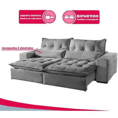 Sofá 3 Lugares Máximo Retrátil E Reclinável 2,30 Metros Suede Cinza Claro Cinza Claro