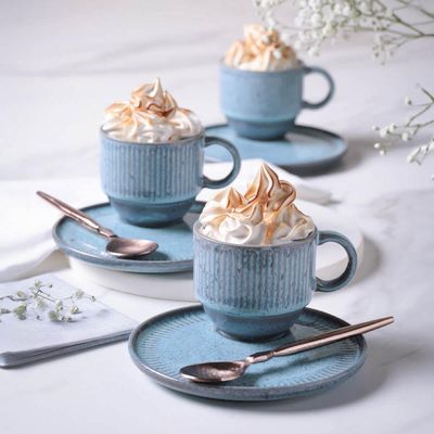 Jogo 12 Xícaras de Chá Empilhável com Pires Azul 230ml Linhas Breeze Mesa Posta Café da Manhã Porto Brasil
