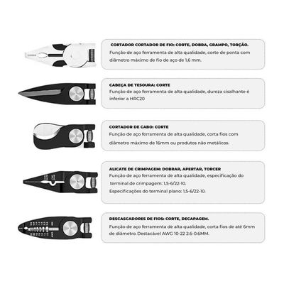 Kit Conjunto Alicate 5 Em 1 Cortador Descascador Crimpador