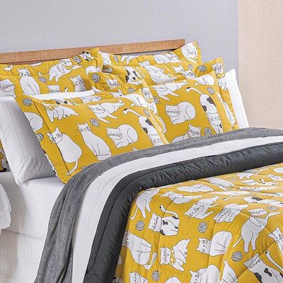 Kit Cobre Leito Colcha Gatos Queen 3 Peças Estampado Percal 200 Fios 100% Algodão