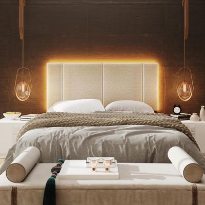 Cabeceira Casal Estofada Com Led Linho Bege