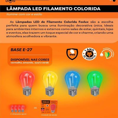 Lâmpada Led Filamento Azul 1w E-27 220v 4 Peças Foxlux