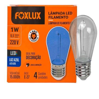 Lâmpada Led Filamento Azul 1w E-27 220v 4 Peças Foxlux