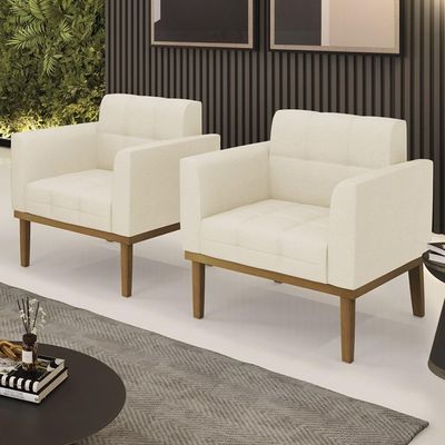 Poltrona Base Madeira Castanho Kit 2 Ana Linho Bege - Ibiza