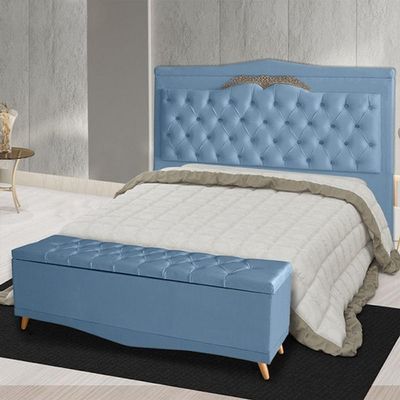 Kit Cabeceira De Cama Box E Calçadeira Baú Madri King 195 Cm Suede Azul Bebê Do Lar Móveis E Decoração