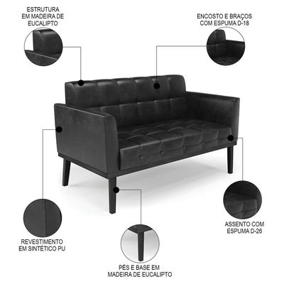Sofá Namoradeira E 1 Poltrona Base Madeira Preto Ana Sintético Pu Preto - Ibiza