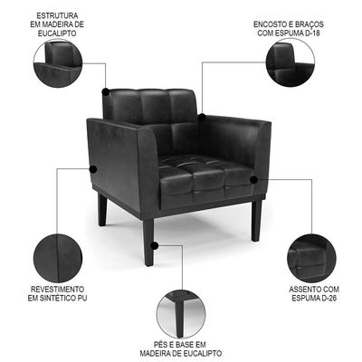 Sofá Namoradeira E 1 Poltrona Base Madeira Preto Ana Sintético Pu Preto - Ibiza