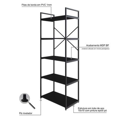 Estante C/05 Prateleiras 152x60x33cm Yon Preto Tx/est.preta Preto Tx/est.preta