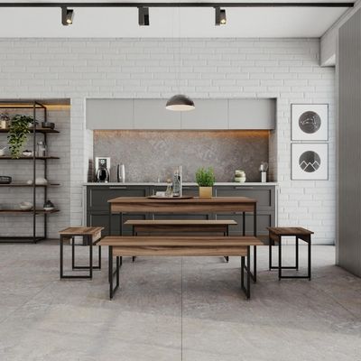Mesa De Jantar Com 2 Bancos E 2 Banquetas Industrial Tub Nogal / Est.preta