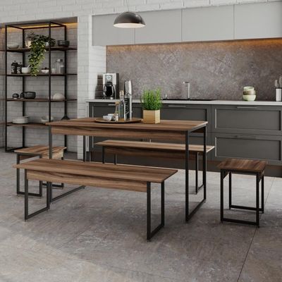 Mesa De Jantar Com 2 Bancos E 2 Banquetas Industrial Tub Nogal / Est.preta