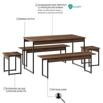 Mesa De Jantar Com 2 Bancos E 2 Banquetas Industrial Tub Nogal / Est.preta