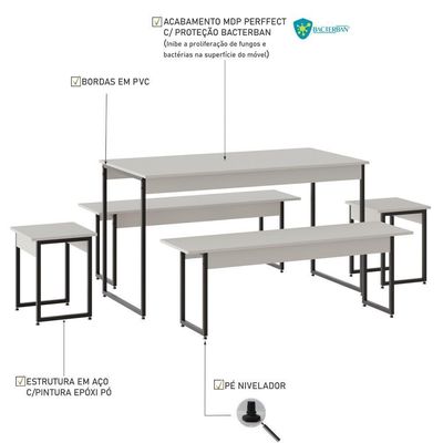 Mesa De Jantar Com 2 Bancos E 2 Banquetas Industrial Tub Branco Chess / Est.preta