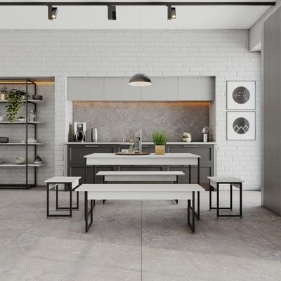 Mesa De Jantar Com 2 Bancos E 2 Banquetas Industrial Tub Branco Chess / Est.preta