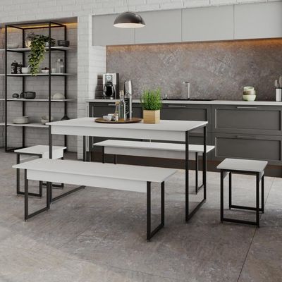 Mesa De Jantar Com 2 Bancos E 2 Banquetas Industrial Tub Branco Chess / Est.preta