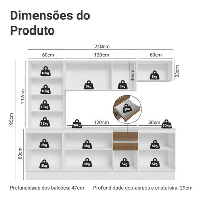 Armário De Cozinha Completa 100% Mdf 240 Cm Smart Madesa 01 Branco/rustic/crema