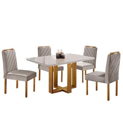 Kit Sala De Jantar 4 Lugares Mesa Lisy E Cadeiras Jade Veludo Off White Com Marrom Acinzentado