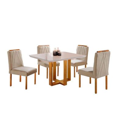Conjunto Sala De Jantar 4 Lugares Paris Mesa Quadrada Veludo Móveis Mix Mel/off-white/bege