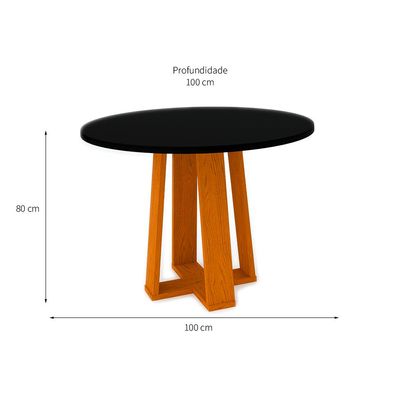 Mesa de Jantar Redonda com Tampo de Vidro Isabela Ipê e Preta 100 cm