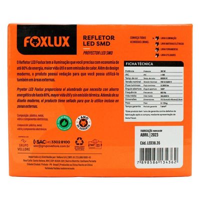 Refletor Led 30w 6500k Branco Bivolt Foxlux