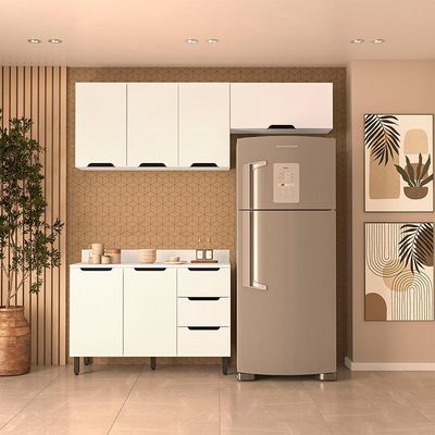 Cozinha Completa com Tampo Meena 6 Portas 3 Gavetas Branca