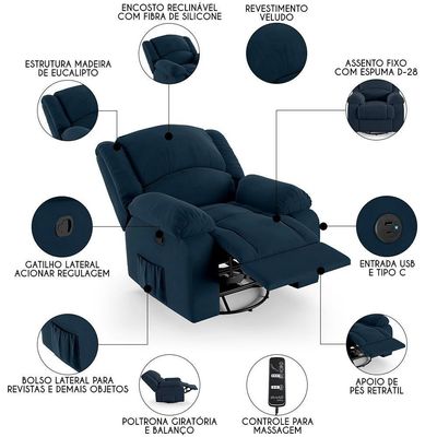 Poltrona Do Papai Reclinável Pietra Glider Giratória Massagem Fh9 Veludo Azul - Mpozenato