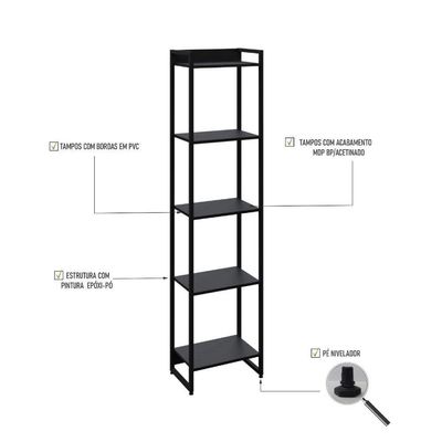 Estante Dynamica 45x30x187cm C/05 Prateleiras Preto ônix / Est.preta Preto ônix / Est.preta