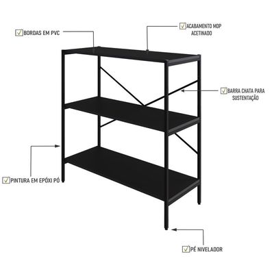 Estante C/03 Prateleiras 84x80x33cm Tub Tueh883 Preto ônix - Est.preta Preto ônix / Est.preta