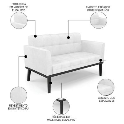 Sofá Namoradeira E 1 Poltrona Base Madeira Preto Ana Sintético Pu Branco - Ibiza