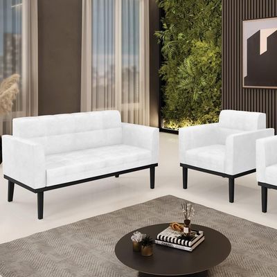 Sofá Namoradeira E 1 Poltrona Base Madeira Preto Ana Sintético Pu Branco - Ibiza