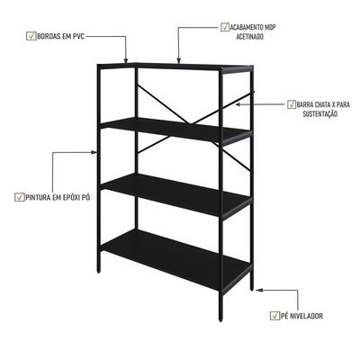 Estante C/04 Prateleiras 118x80x33cm Tub Tueh1184 Preto ônix - Est.preta Preto ônix / Est.preta