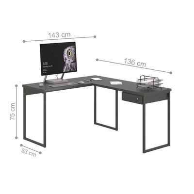 Mesa Em L Com 1 Gavetas Ferv Preto Onix