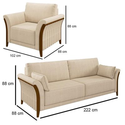 Kit Sofá Living 3 Lugares E Poltrona 102cm Pés Madeira Roya M22 Linho Champanhe - Mpozenato