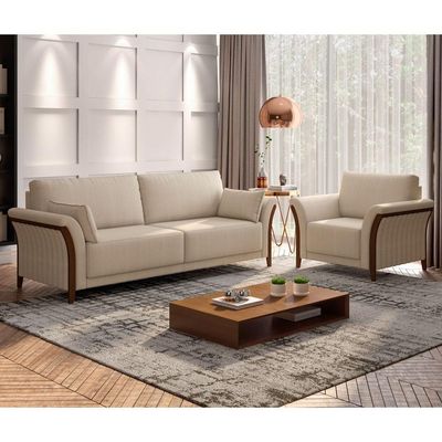 Kit Sofá Living 3 Lugares E Poltrona 102cm Pés Madeira Roya M22 Linho Champanhe - Mpozenato