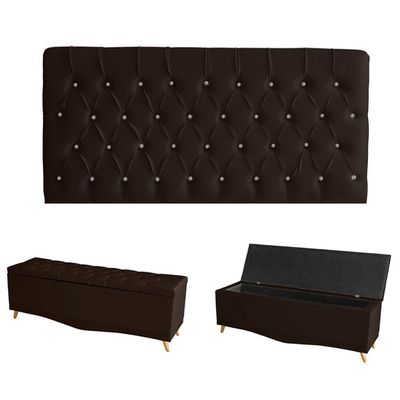 Kit Estrela Cabeceira De Cama Painel E Calçadeira Baú Botão Cristal Queen 160 Cm Suede Marrom Do Lar Móveis E Decoração