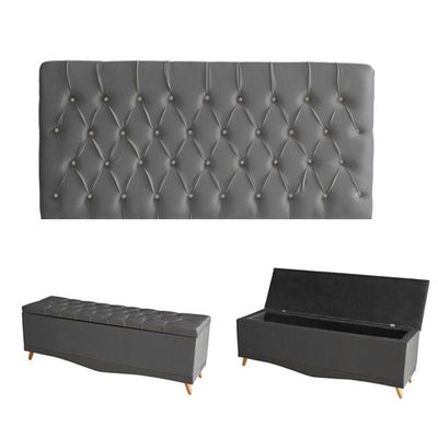 Kit Estrela Cabeceira De Cama Painel E Calçadeira Baú Botão Cristal King 195 Cm Suede Grafite Do Lar Móveis E Decoração