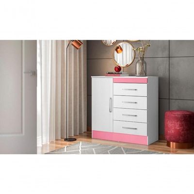 Cômoda Haley 1 Porta 4 Gavetas Branco Rosa
