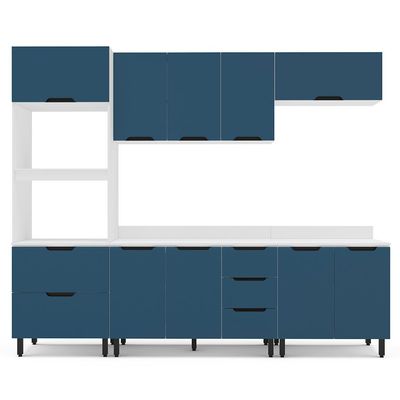 Cozinha Completa com Tampo Meena 10 Portas 4 Gavetas Azul e Branca