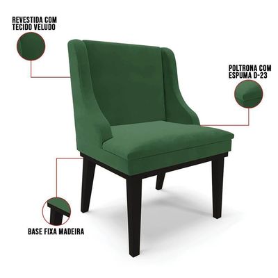 Kit 4 Cadeiras Estofadas Para Sala De Jantar Base Fixa De Madeira Preto Lia Veludo Verde - Ibiza