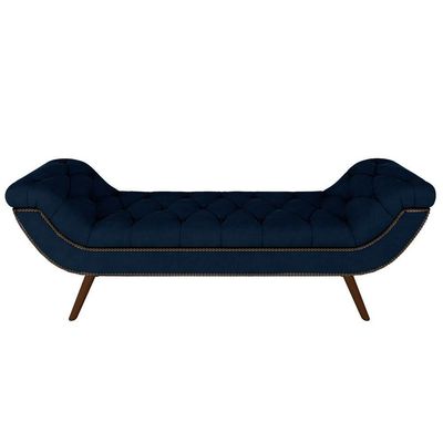 Puff Recamier Calçadeira 160cm Pés Palito Madeira Vêneto P02 Veludo Azul Marinho - Mpozenato